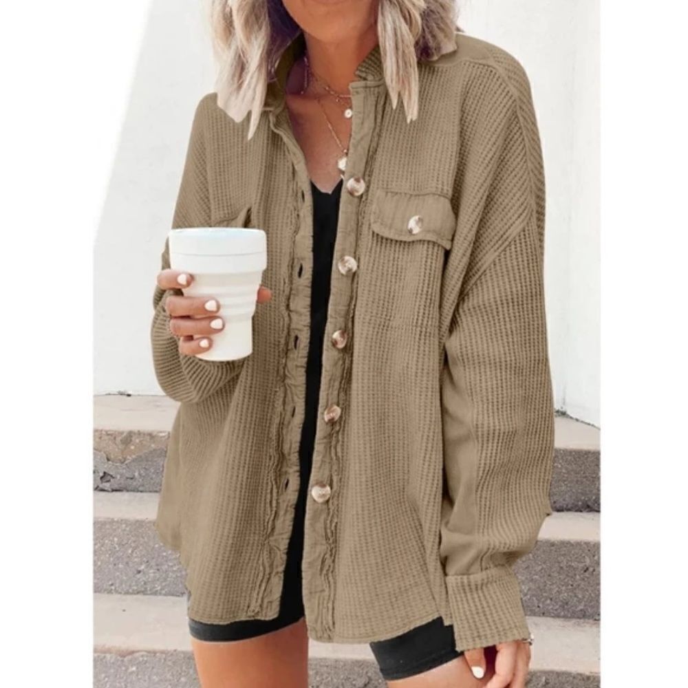 Vintage Style XL-XXL Relaxed Fit Khaki Brown Waffle Knit Button Down Shacket